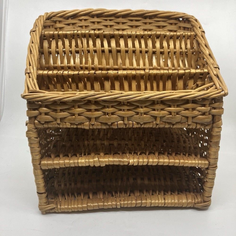 Vintage Wicker Desk Organizer Rattan Letter Sorter Mail Holder Honey Brown